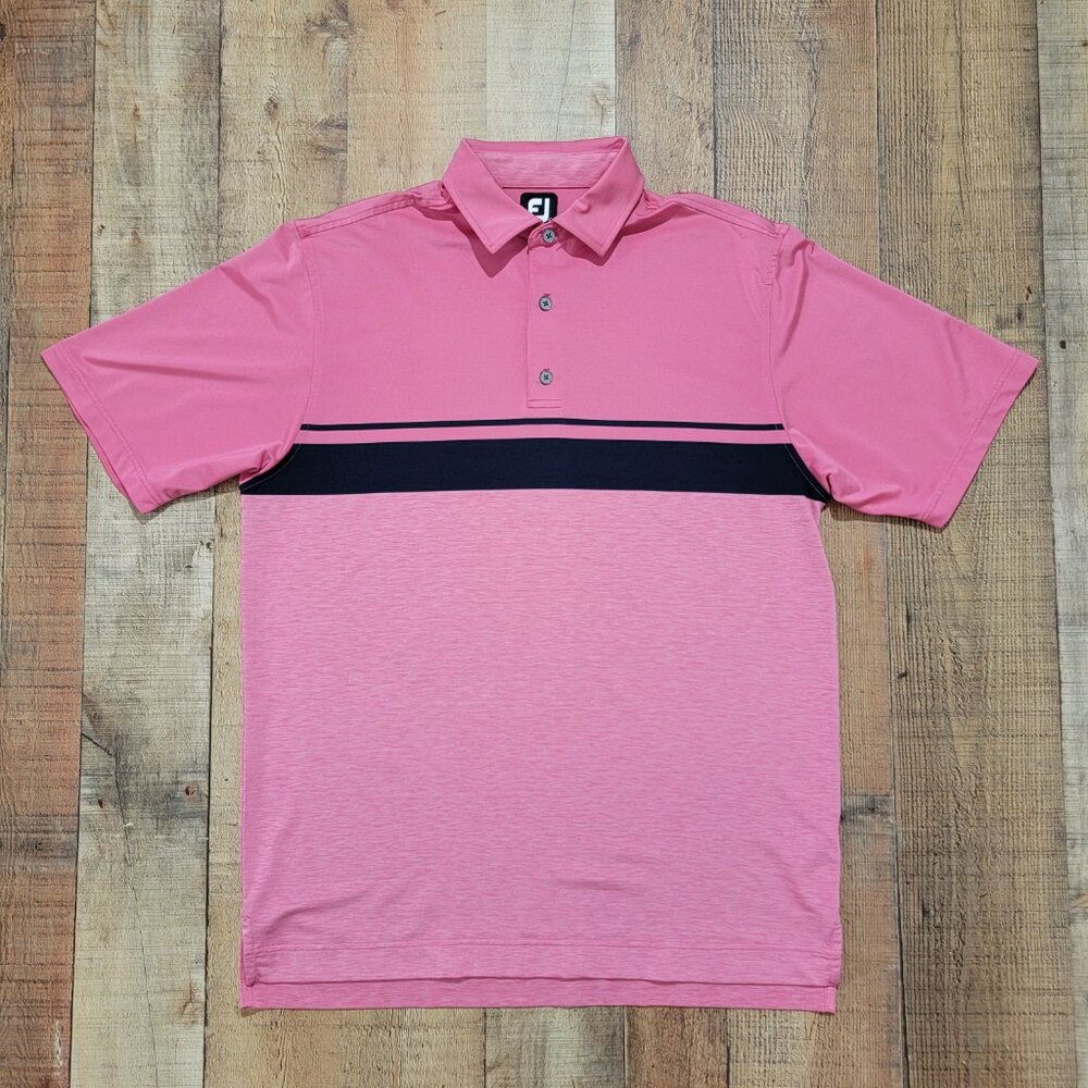 Footjoy Polo Mens Large Pink Chest Stripe Pro Dry Performance Stretch Go…